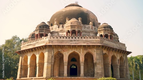 Architectural details of a heritage monument at Lodhi Garden, set amidst beautiful landscaping in Delhi, India.