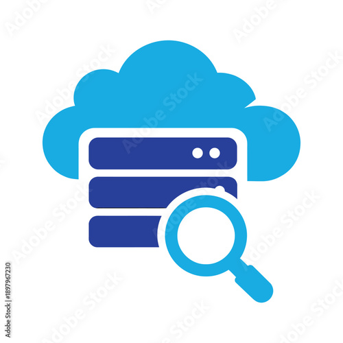 Cloud server search icon with data center storage and magnifier tool