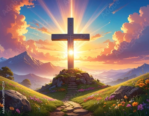 A serene landscape with a large cross on a hill