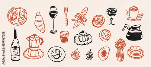 Hand drawn doodle brunch food illustration