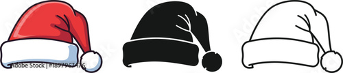 Collection of three distinct styles of a classic christmas santa hat icon featuring full color solid black silhouette and simple outline versions for holiday design projects