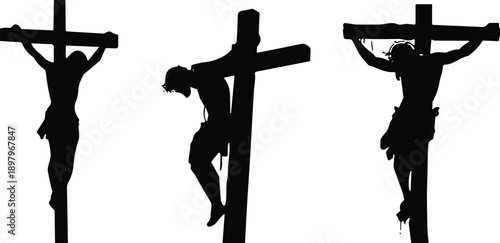 Crucifixion silhouette vector, religious scene icon, Christian symbolism illustration, three crosses design, sacrifice moment, spiritual art, biblical reference, dramatic posture