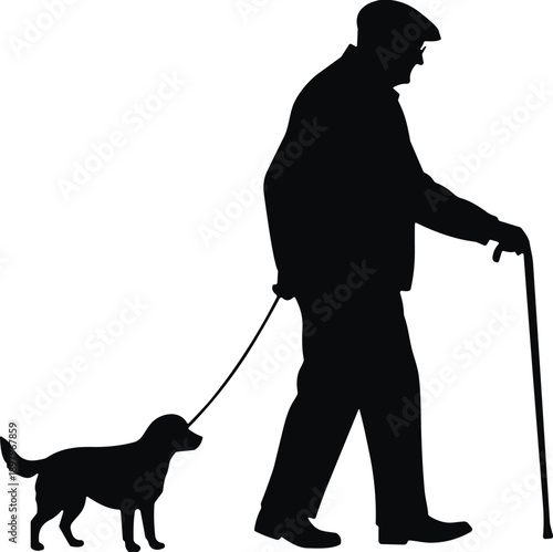 Elderly person walking dog silhouette, cane in hand, peaceful outdoor scene, companionship icon, mobility support, pet leash, lifestyle vector, senior activity