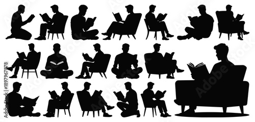 Men Silhouettes Reading Books and Studying in Various Sitting Poses Collection on Transparent Background