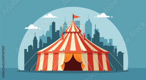 Vibrant vector illustration of a classic red and white striped circus tent set against a cityscape silhouette under a blue sky with clouds