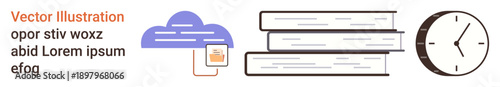Education, time organization, digital learning, cloud storage, online study, information management. Cloud with document, stacked books clock icon. Learning and time organization concept