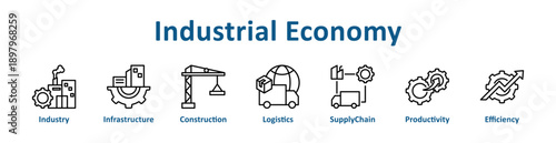 Industrial Economy icon banner line art collection