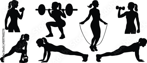 Fitness silhouette collection, workout poses, black and white vector, exercise icons, strength training, cardio moves, gym routine, healthy lifestyle, body movement, wellness art