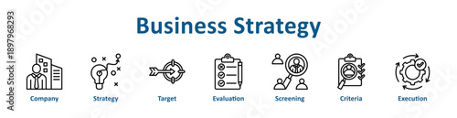 Business Strategy icon banner line art collection
