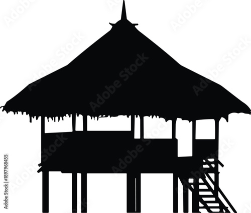 Gazebo silhouette vector, tropical hut icon, elevated structure illustration, thatched roof design, outdoor shelter, coastal architecture, relaxation space, cultural pavilion