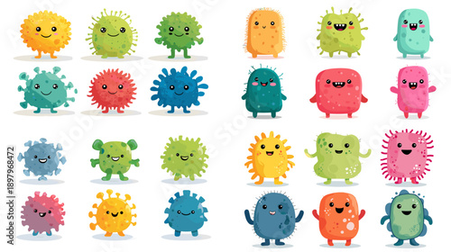 Cute colorful cartoon germ monsters with rounded bodies and playful expressions. Friendly virus characters perfect for kids education health themes stickers and fun illustrations.