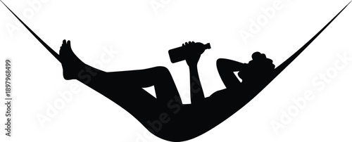 Hammock silhouette vector, relaxing person icon, leisure scene illustration, bottle in hand, outdoor rest concept, summer vacation, tranquil posture, peaceful moment