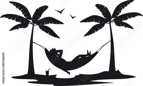 Hammock silhouette, tropical relaxation, palm trees, person resting, summer vacation, black and white vector, peaceful retreat, leisure scene, birds flying, exotic getaway