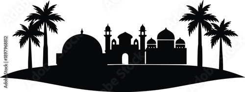 Islamic architecture silhouette, mosque domes, minarets, palm trees, black and white vector, Middle Eastern scene, cultural design, spiritual cityscape, desert oasis, religious art