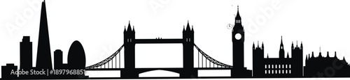 London skyline silhouette, famous landmarks, UK architecture, Big Ben, Tower Bridge, The Shard, Gherkin, Palace of Westminster, vector art, black and white
