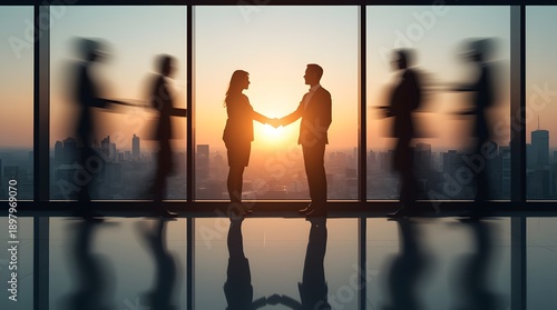 Business partners shaking hands in modern office with city skyline view at sunset