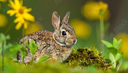 A young rabbit sits in a field of green grass and yellow flowers, looking to the right.