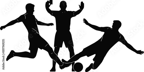Soccer silhouette vector, football action scene, referee icon, sportsmanship illustration, dynamic player pose, tackle moment, game foul, athletic competition