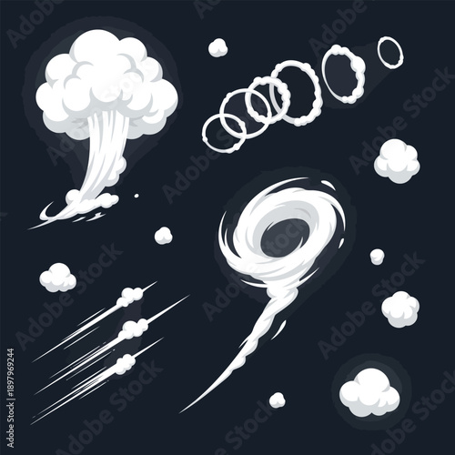 Cartoon Smoke Effects: A dynamic collection of cartoon smoke effects, including explosions, swirling vortexes, and billowing puffs, perfectly designed to add dramatic flair to any illustration.
