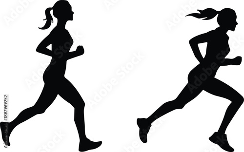 Running silhouette vector, athletic motion icon, female runners illustration, sprinting pose design, fitness activity, sports action, dynamic movement, workout concept