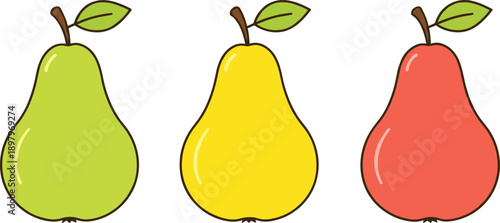 Pear fruit color variation vector illustration set featuring green, yellow, and red pears in flat cartoon style