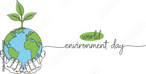 World Environment Day concept with hands holding Earth and growing plant illustration