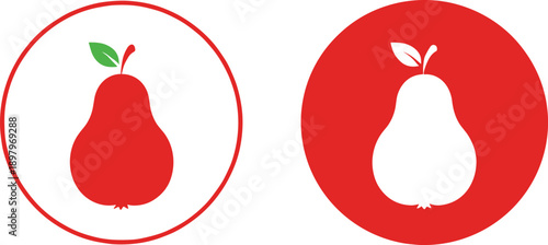 Pear fruit circular icon set vector illustration in red and white styles for food apps and branding designs