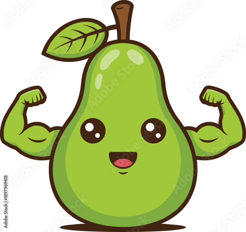 Strong pear character vector illustration with muscular arms in cute cartoon style for fitness, health, and fun designs