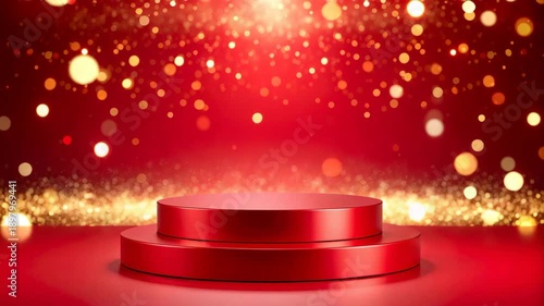 Circular red podium stage with golden bokeh lights and glitter backdrop