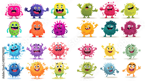 Cute cartoon virus characters with big eyes and joyful expressions. Friendly playful microbes ideal for kids science education stickers and colorful illustration collections.