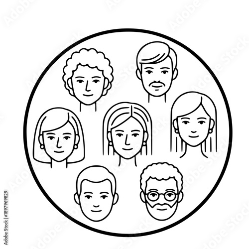 Diverse People Faces in Circle Set, Group of Multiethnic Men and Women Avatars, Inclusive Community and Global Diversity Concept Line Art