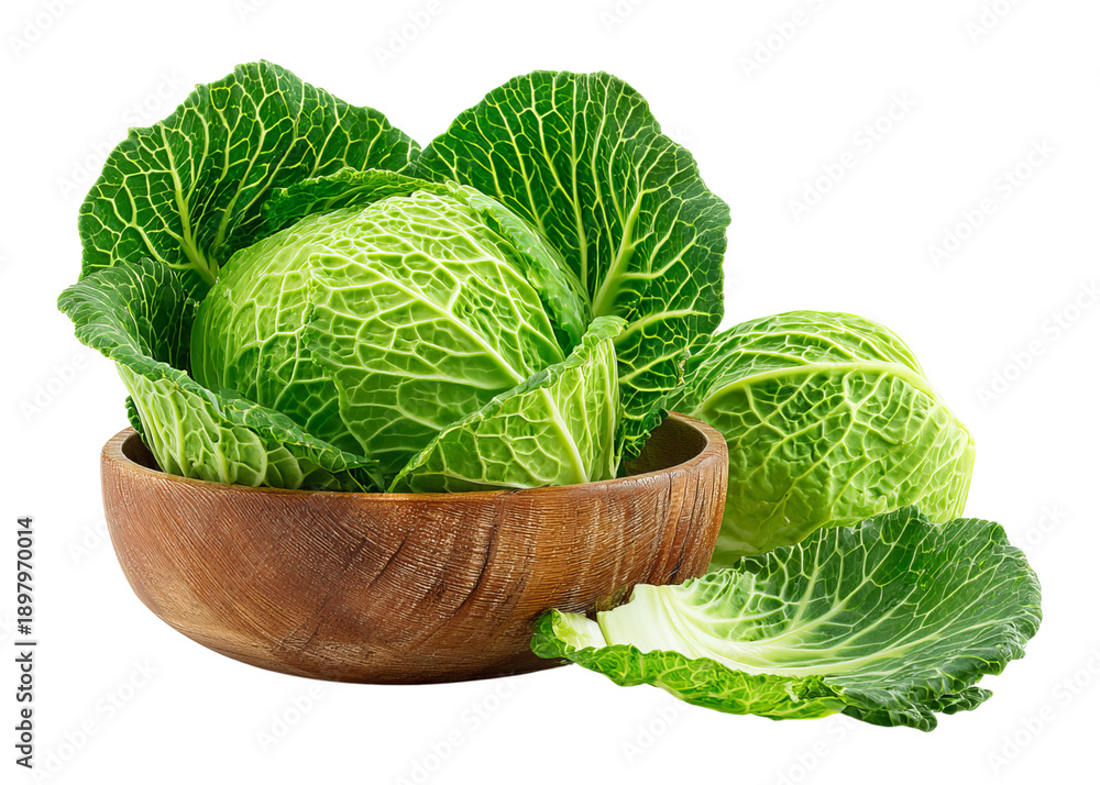 Fototapeta premium Fresh Green Cabbage in Wooden Bowl isolated on a transparent background