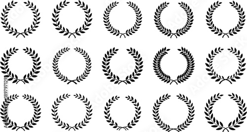 Laurel wreath silhouette set, victory award emblems, classical achievement symbols, antique decorative elements, honor recognition badges, prestigious triumph icons, flat vector illustration