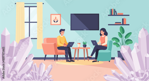 Two people working on laptops in a living room with crystals