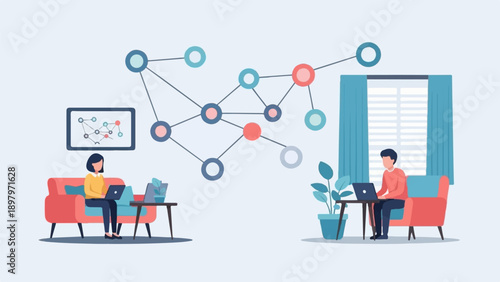 Two people working remotely on laptops, connected by a network visualization