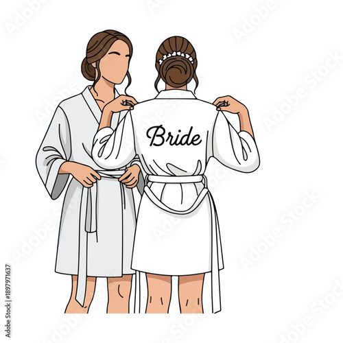 A woman helps another with her robe