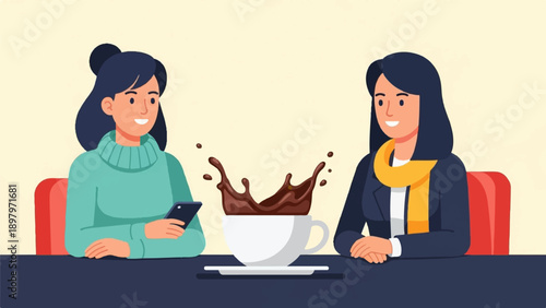 Two smiling women sit at a table with a coffee cup splashing