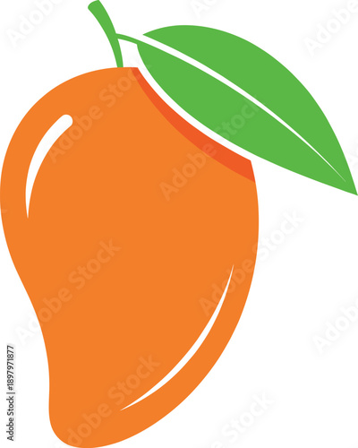 Bright mango fruit vector illustration with green leaf in smooth flat style for food branding and healthy lifestyle designs