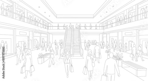 Detailed black and white line art illustration depicts a busy, multi-level indoor shopping mall atrium filled with numerous shoppers near escalators and store windows.