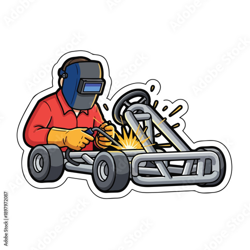 A worker welding a go-kart