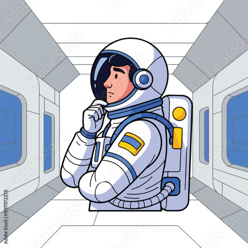 Astronaut in white spacesuit with blue accents