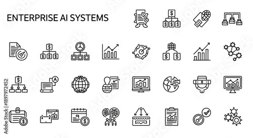 Enterprise AI Systems Icons: Data Analysis, Workflow, Technology, Business Growth