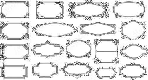 Vintage ornate decorative frame collection, classical border set, elegant scrollwork labels, retro certificate design elements, antique flourish artwork, flat vector illustration