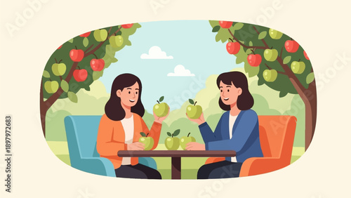 Two women picking apples from trees in a park, sitting at a table