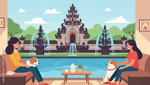 Two women relax with their dogs on sofas by a tranquil pond with fountains