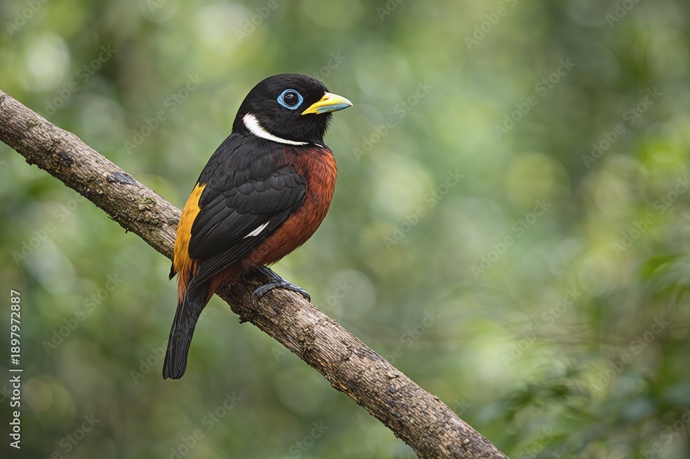 Naklejka premium Exotic Tropical Bird on Tree Branch in Natural Forest