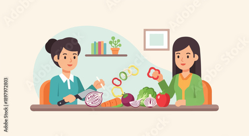 Two women preparing vegetables for cooking in a bright, cheerful kitchen