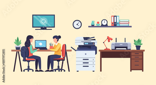 Two women work at desks with computers, printer, and copier in office