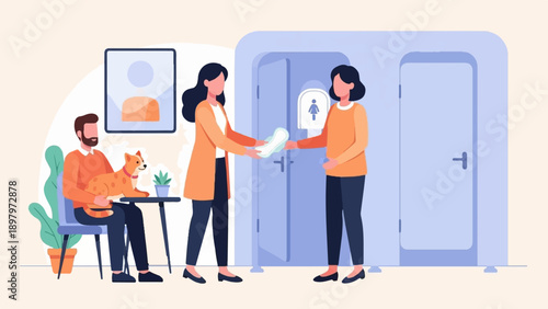 Two women exchange hygiene products near a restroom. A man holds a dog