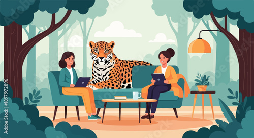 Two women and a jaguar in a forest setting, working on laptops